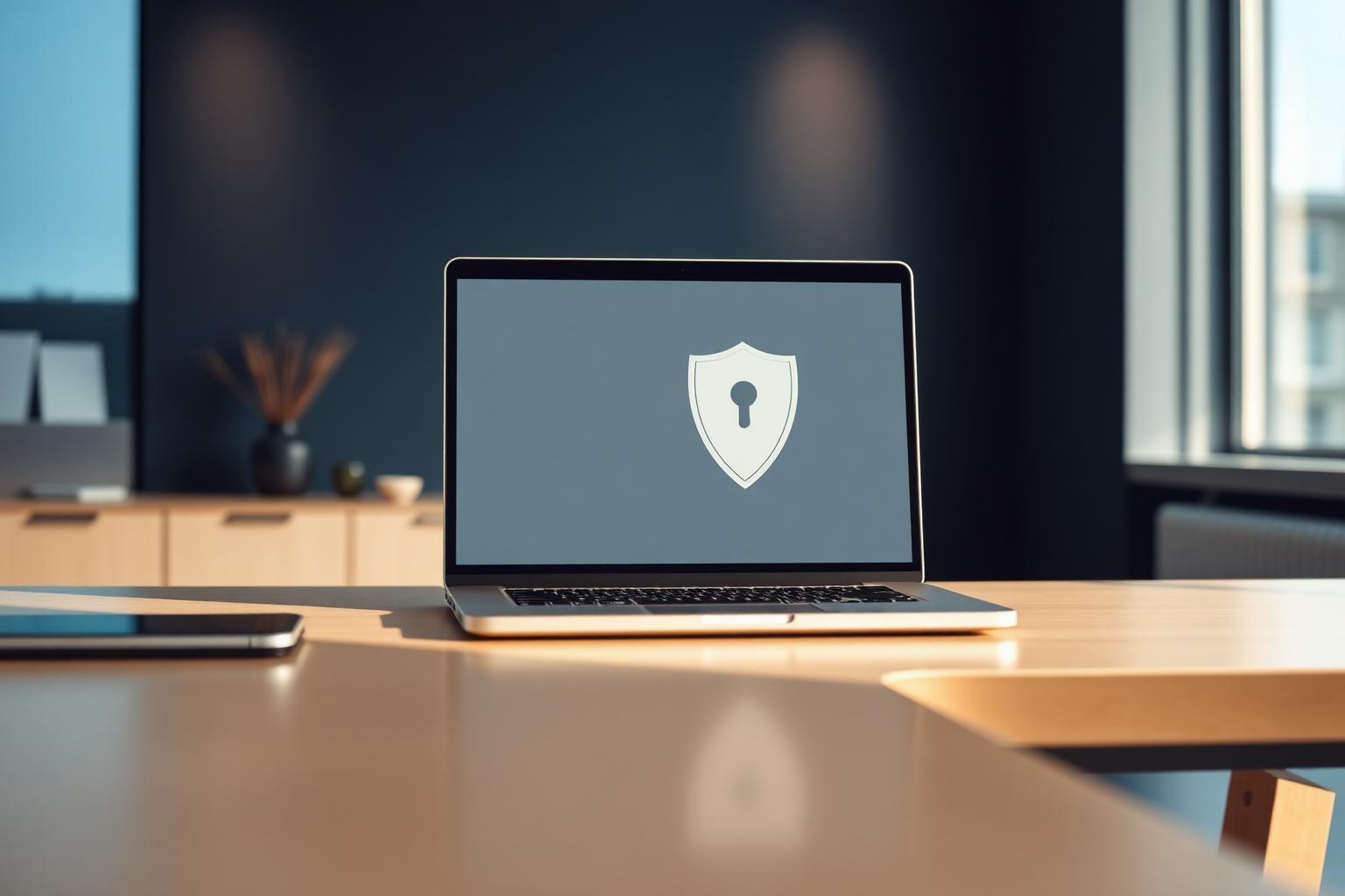 Moderner Arbeitsplatz mit Datenschutz-Symbol